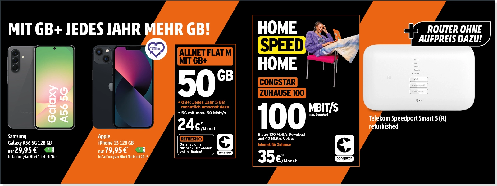 Werbeangebot für Congstar Allnet Flat, Smartphones, Internet zuhause und Speedport Router.