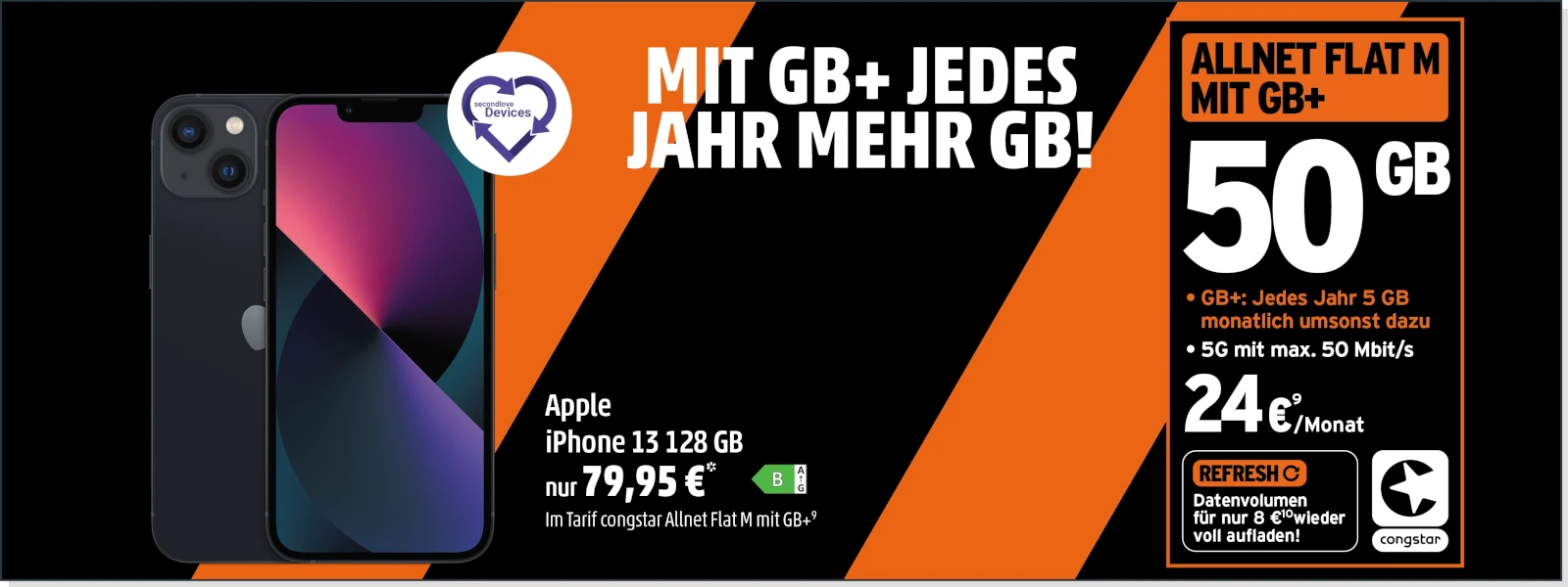 Werbung für Apple iPhone 13 mit Allnet Flat M, 50 GB Datenvolumen und jährlichem GB-Plus.